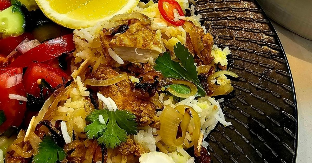 Layered Chicken Pilaf with Caramelised Onions